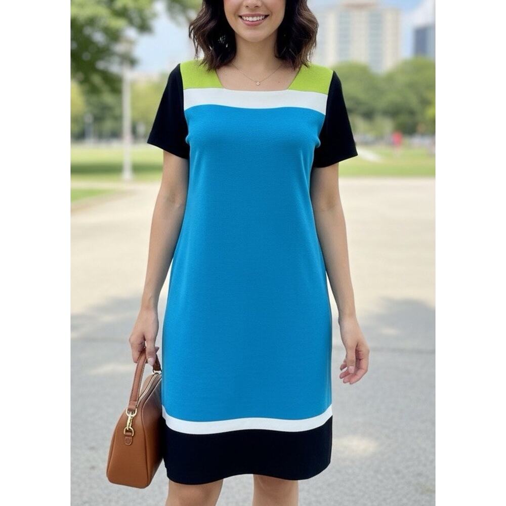 Exclusively Misook Dress Black Blue Color block Shift Short Sleeve Round Neck L